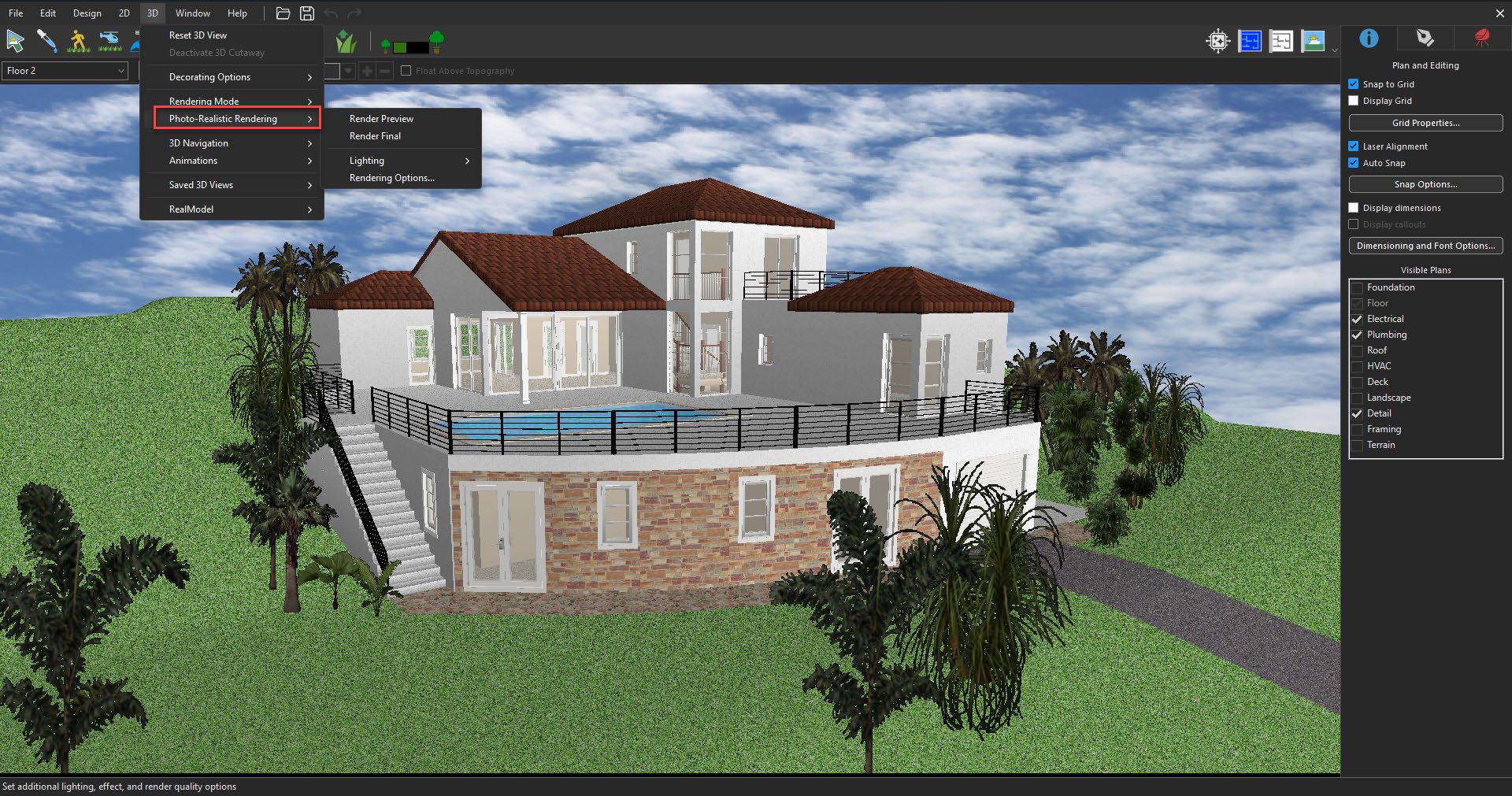 LuxCore rendering menu in TurboCAD/Home Design software