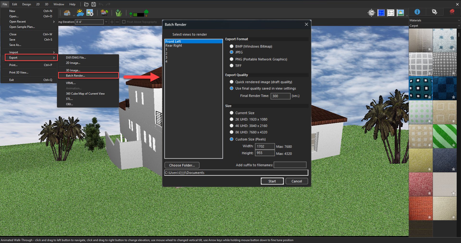 LuxCore rendering menu in TurboCAD/Home Design software
