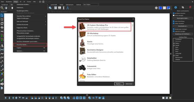 Benutzeroberflaeche von 3D Custom Workshop Pro