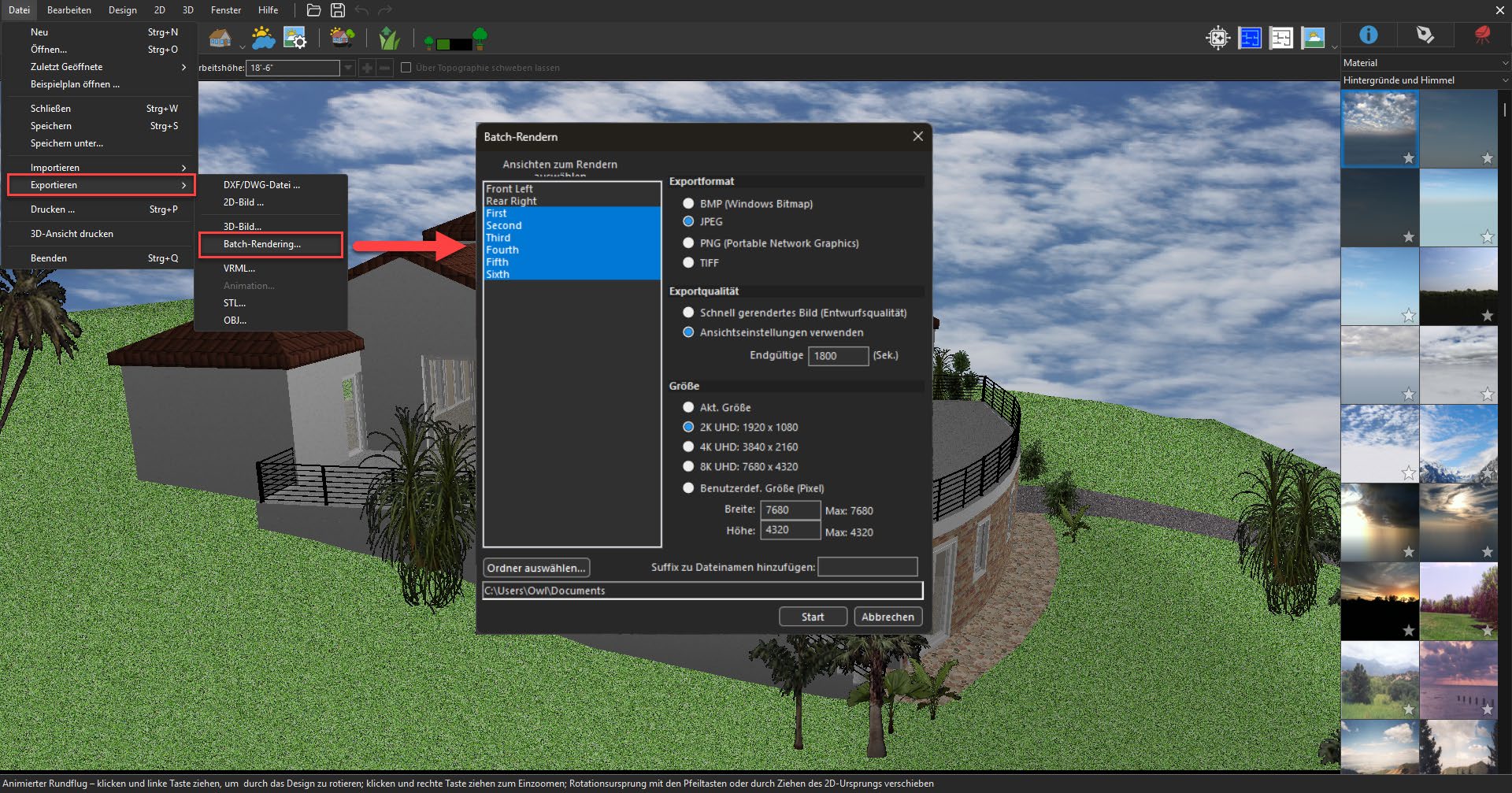 LuxCore-Rendering-Menü in der Home-Design-Software