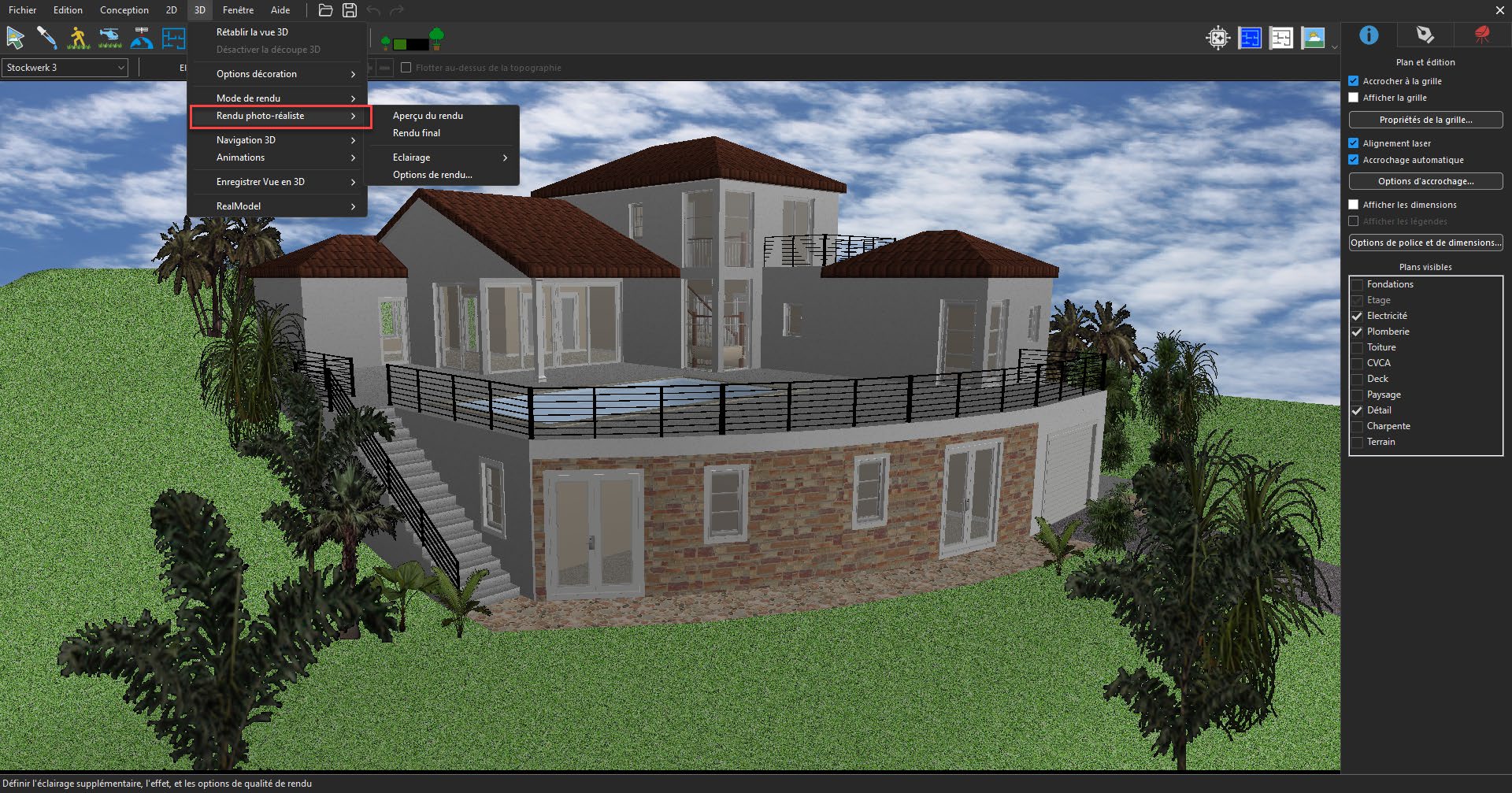 Menu de rendu LuxCore dans le logiciel Home Design