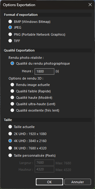 Menu de rendu LuxCore dans le logiciel Home Design