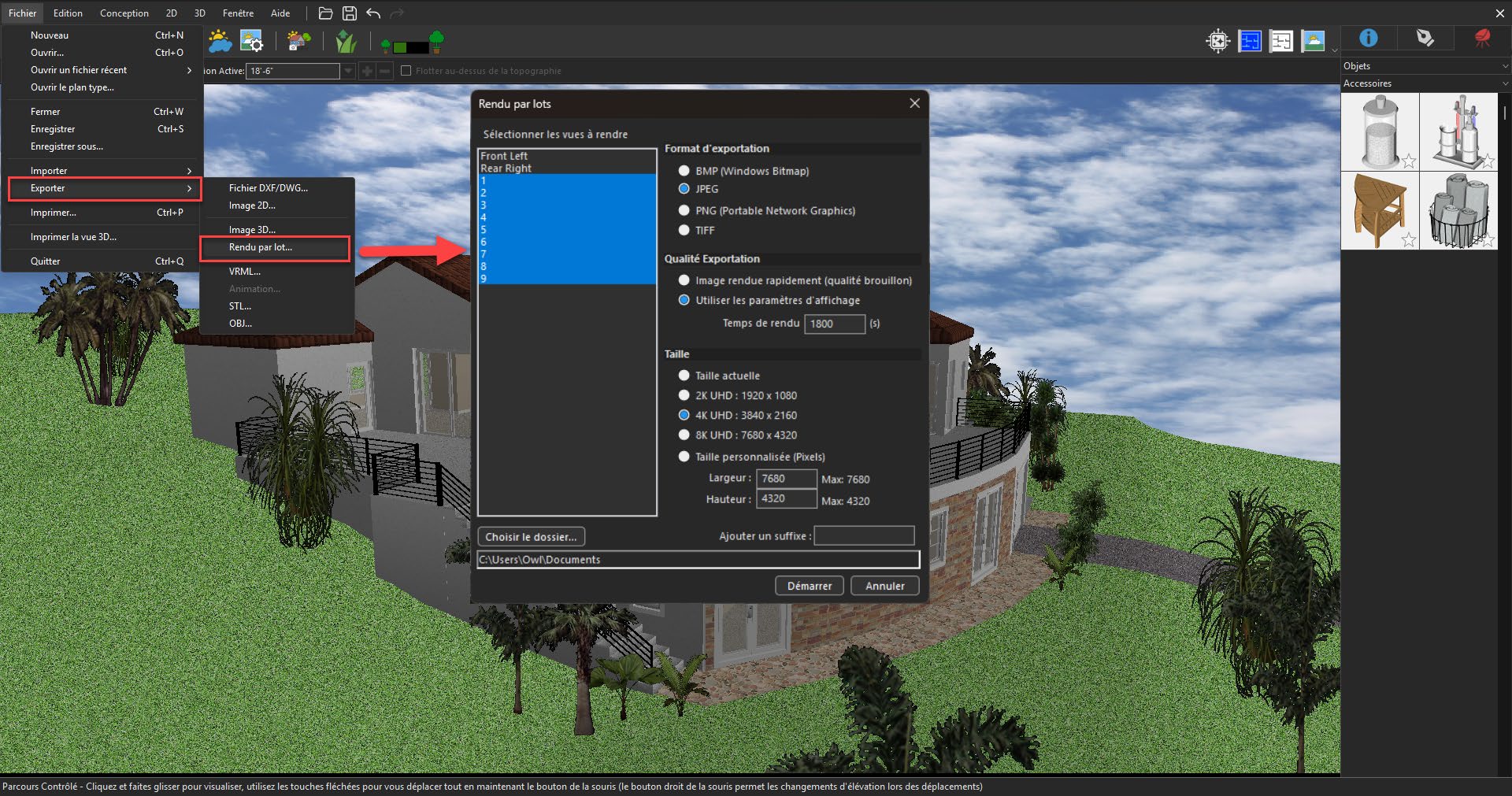 Menu de rendu LuxCore dans le logiciel Home Design